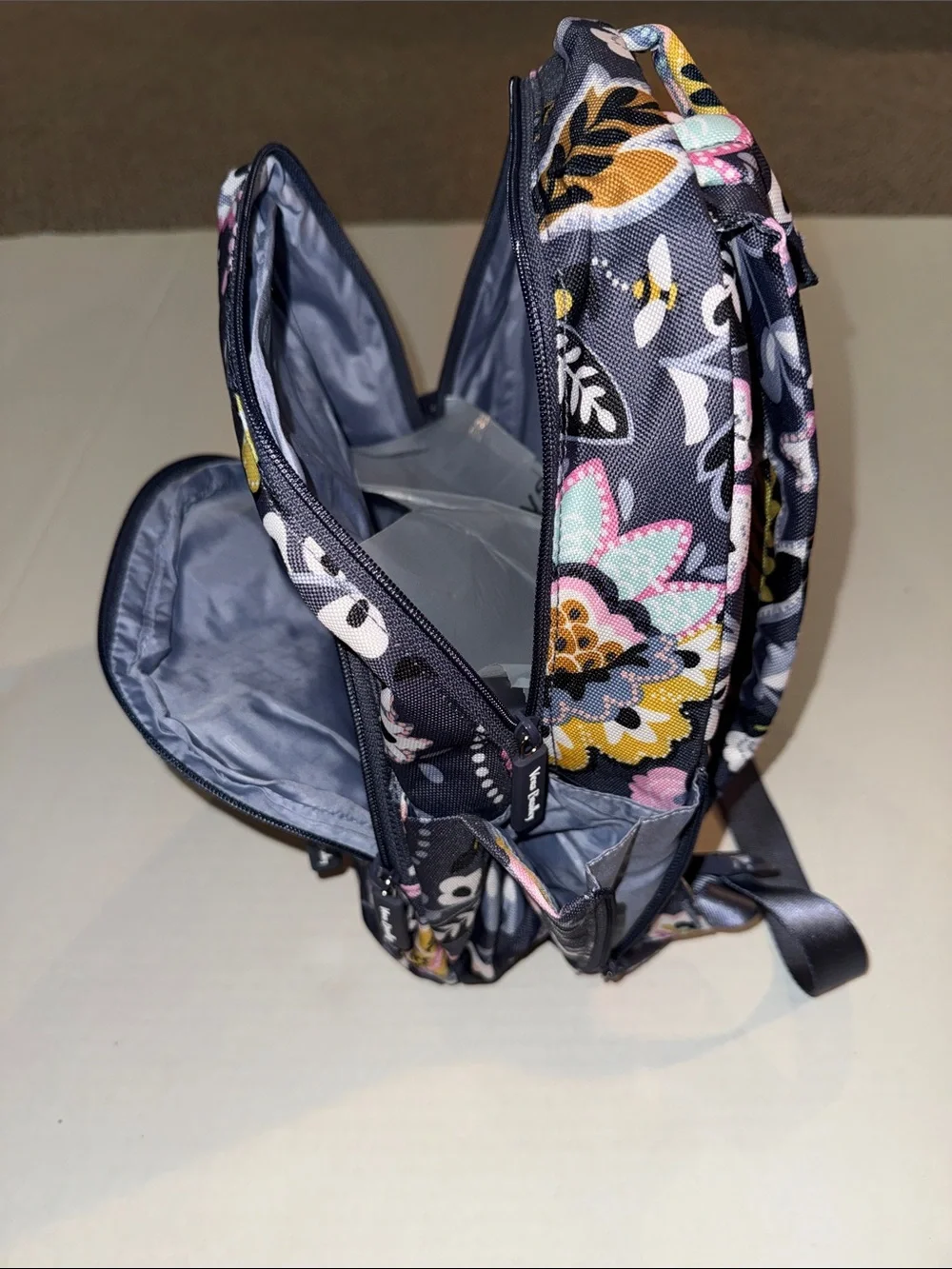 Vera Bradley Gray Floral Mini Backpack with Pink and Yellow Accents